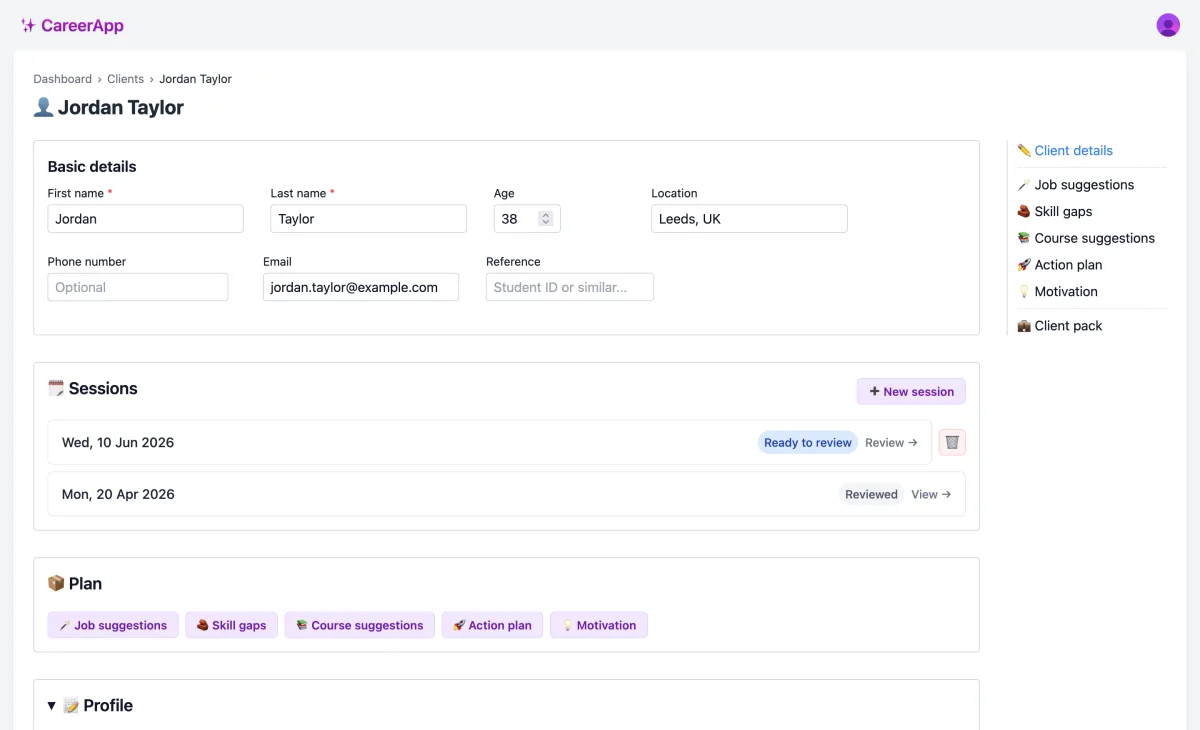 A client record in CareerApp, showing their basic details, a timeline of previous sessions with their review status, and quick links to the five plan chapters.
